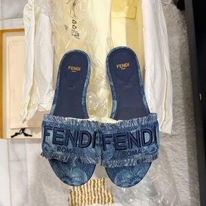 Fendi Blue Denim Fringe Slides NWT
